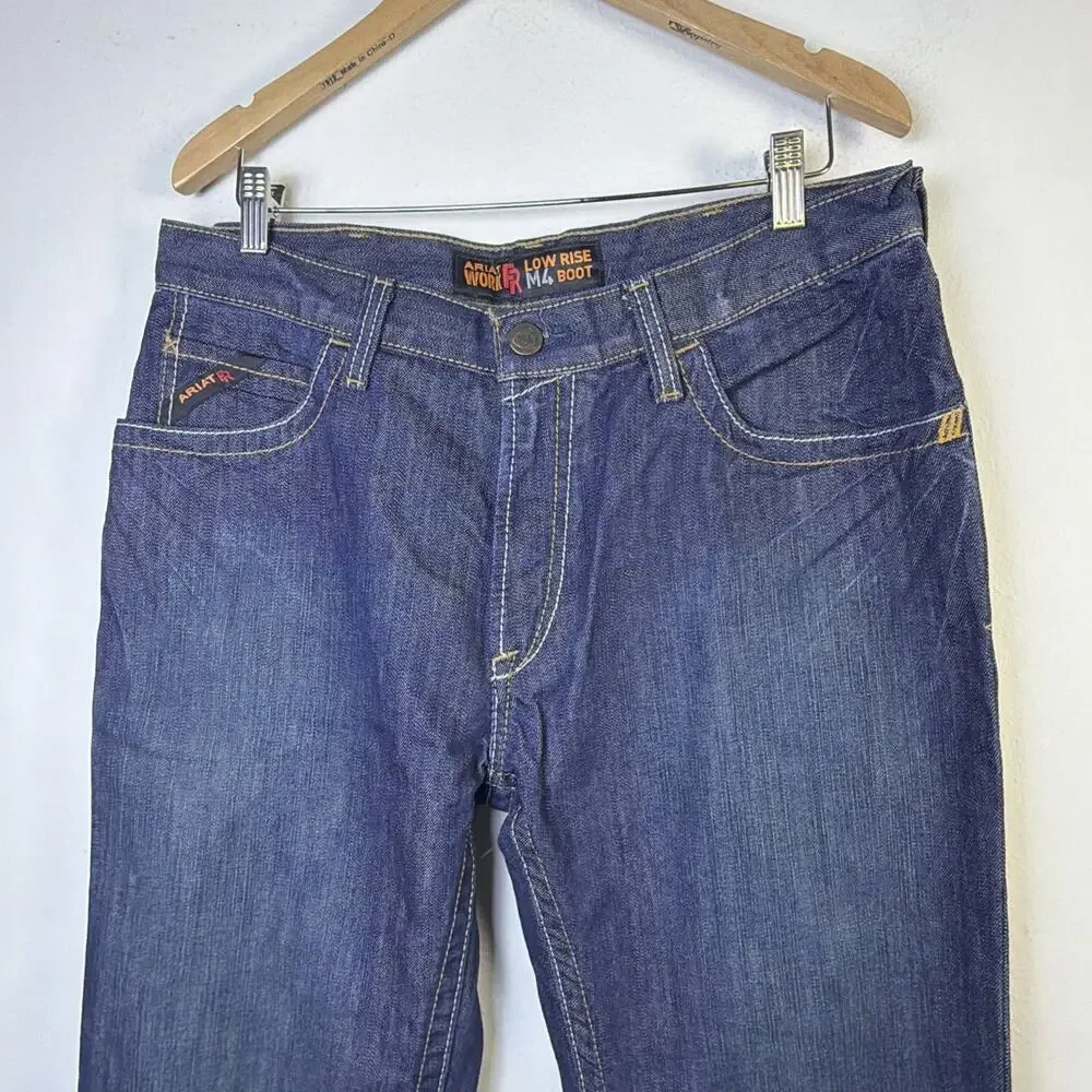 Ariat Work FR Blue Denim Jeans M4 Low Rise Boot Cut Shale Mens 34 X 34 HRC2